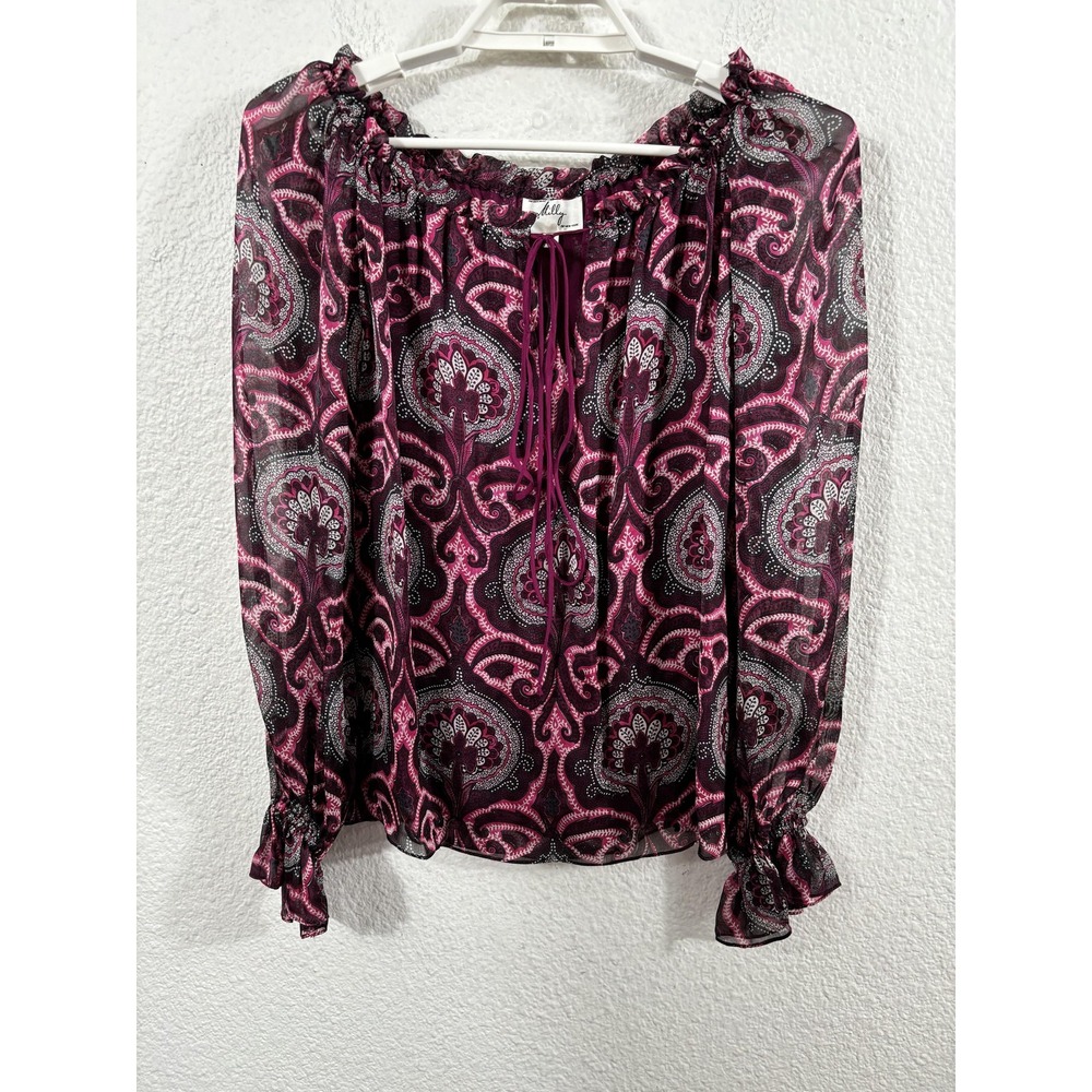 Milly Silk Blouse Womens 4 Maroon Pink Black Paisley Sheer Sleeve Peasant